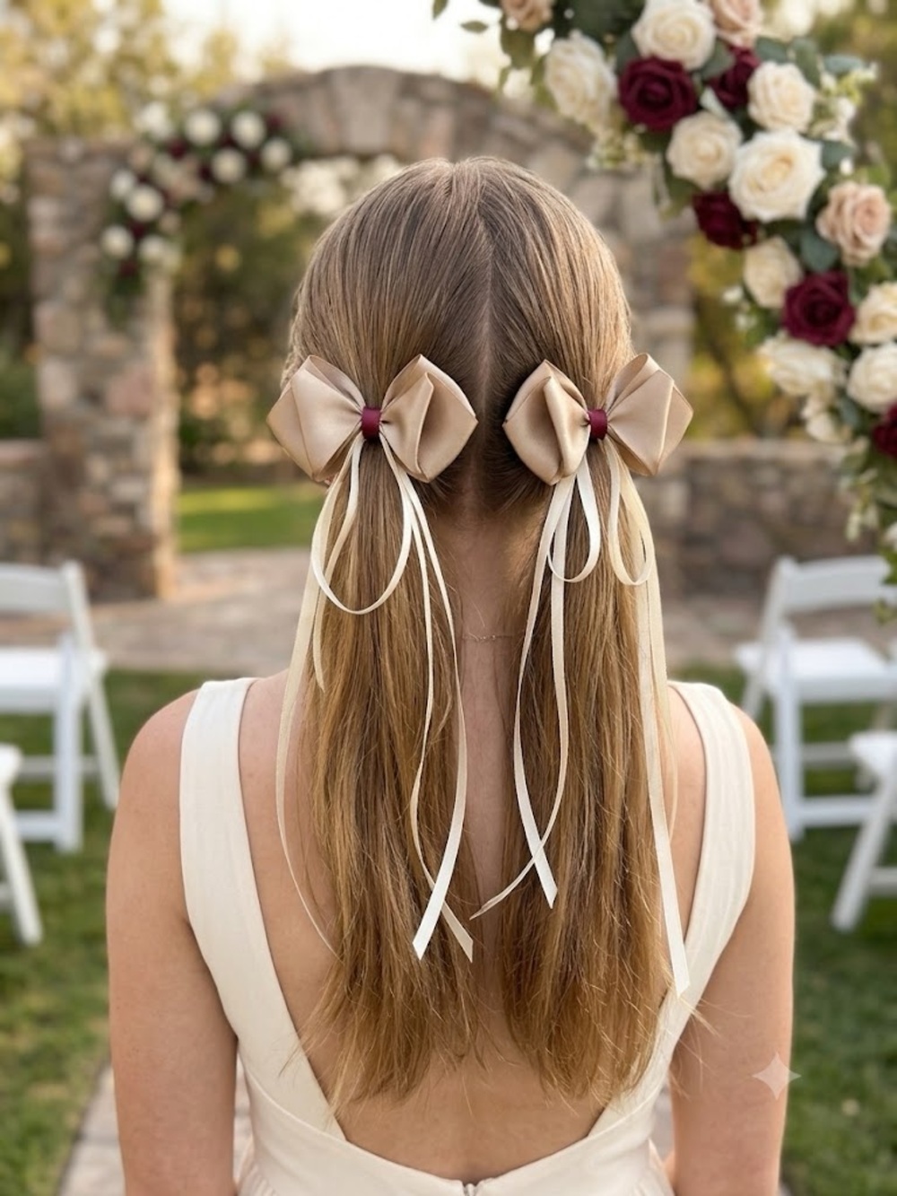 Satin Champagne Bow Hair Clips with Ivory Ribbon Tails